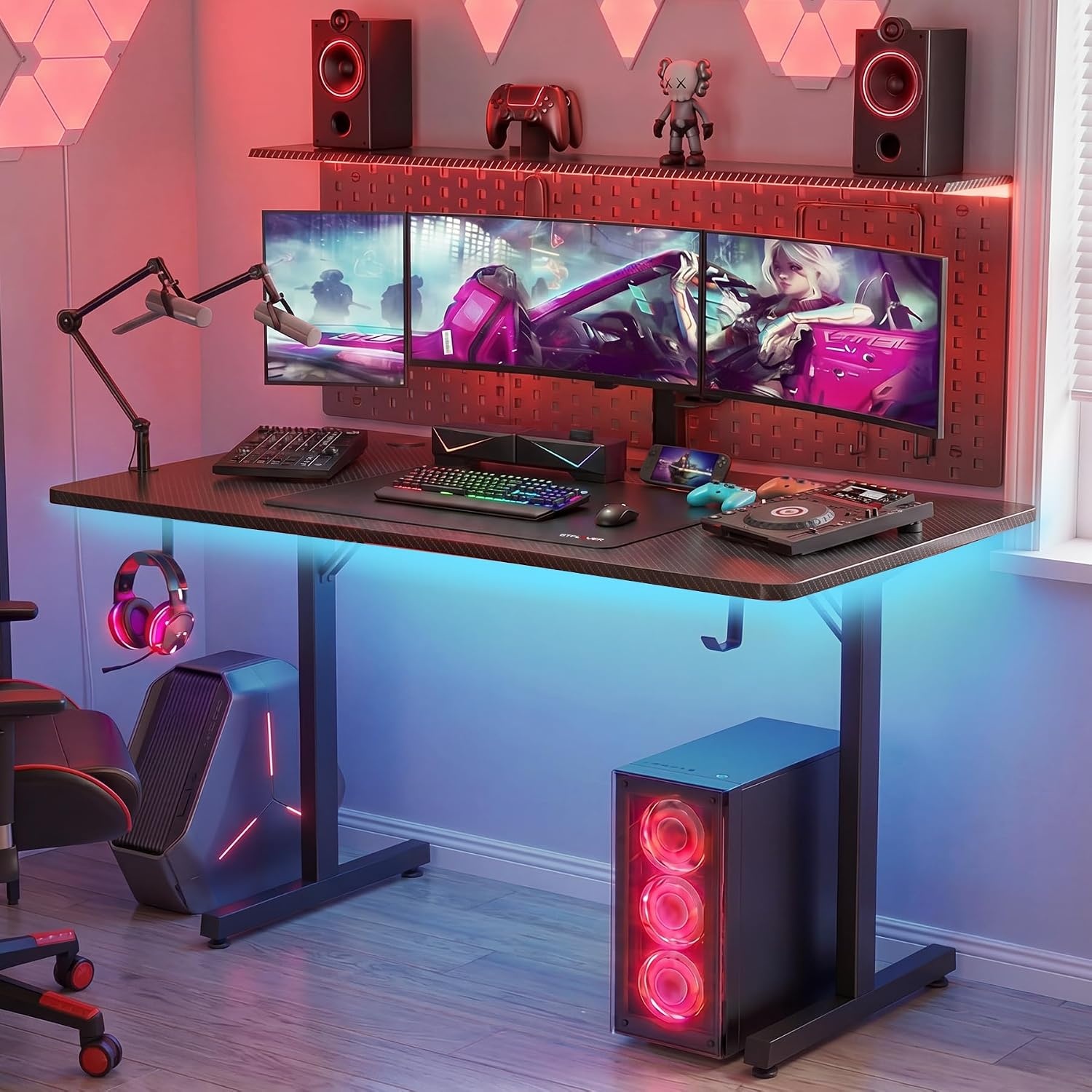 image:imageGTPLAYER 55 Inch Gaming Desk with LED Lights Large Computer Desk with Mouse Pad for Home Office TShaped Carbon Fibre Surface PC Game Workstations with Headphone HookBlack