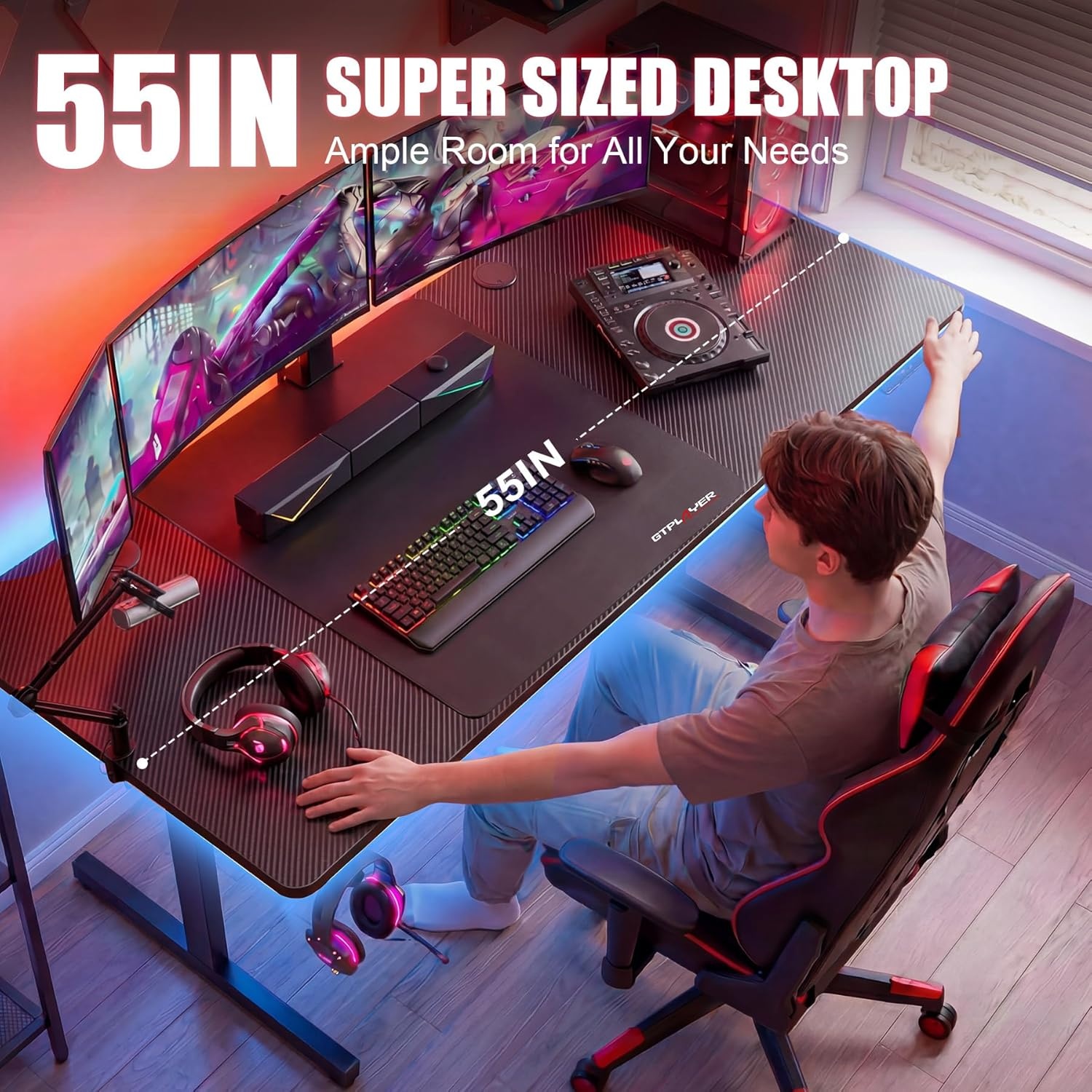 image:imageGTPLAYER 55 Inch Gaming Desk with LED Lights Large Computer Desk with Mouse Pad for Home Office TShaped Carbon Fibre Surface PC Game Workstations with Headphone HookBlack