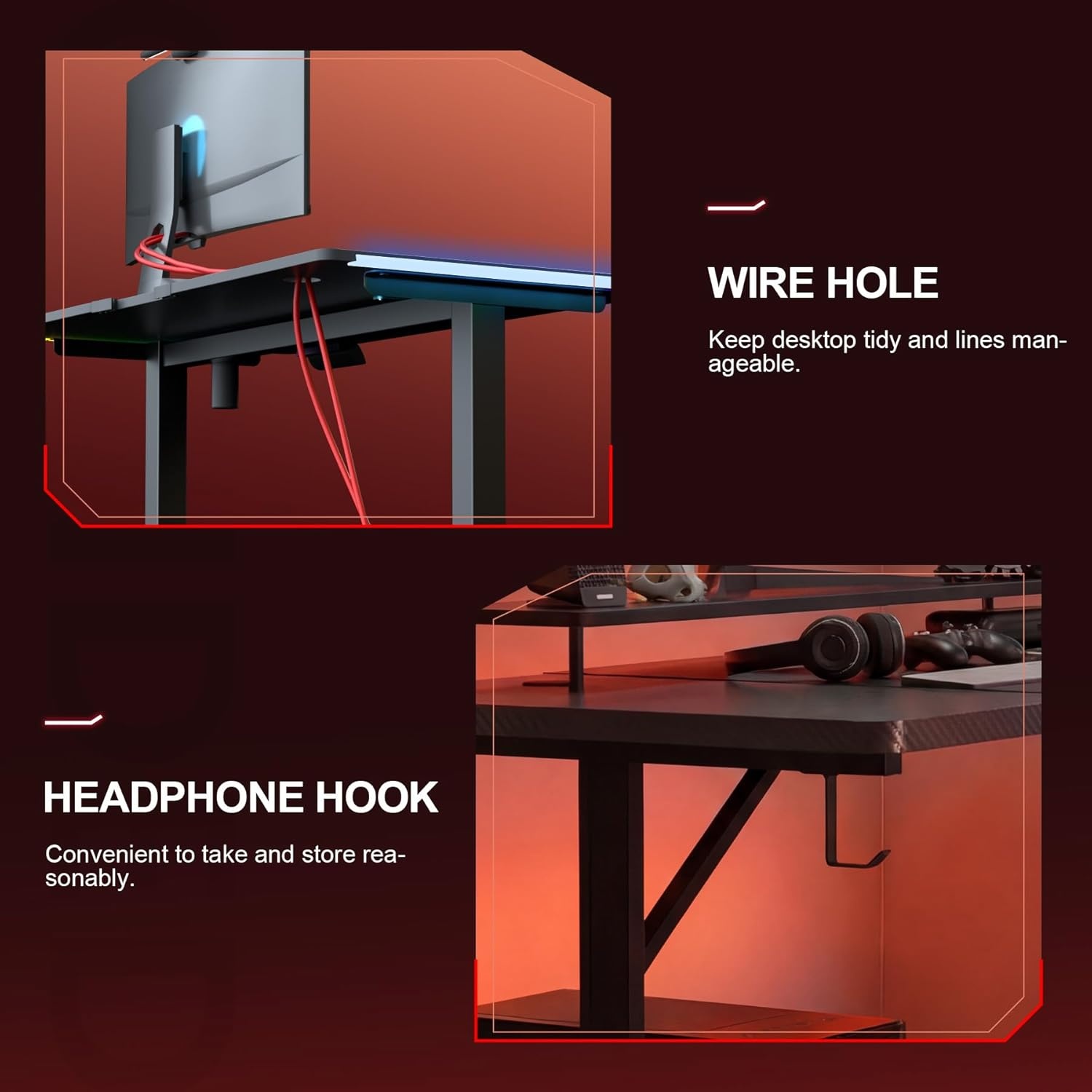 image:imageGTPLAYER 55 Inch Gaming Desk with LED Lights Large Computer Desk with Mouse Pad for Home Office TShaped Carbon Fibre Surface PC Game Workstations with Headphone HookBlack
