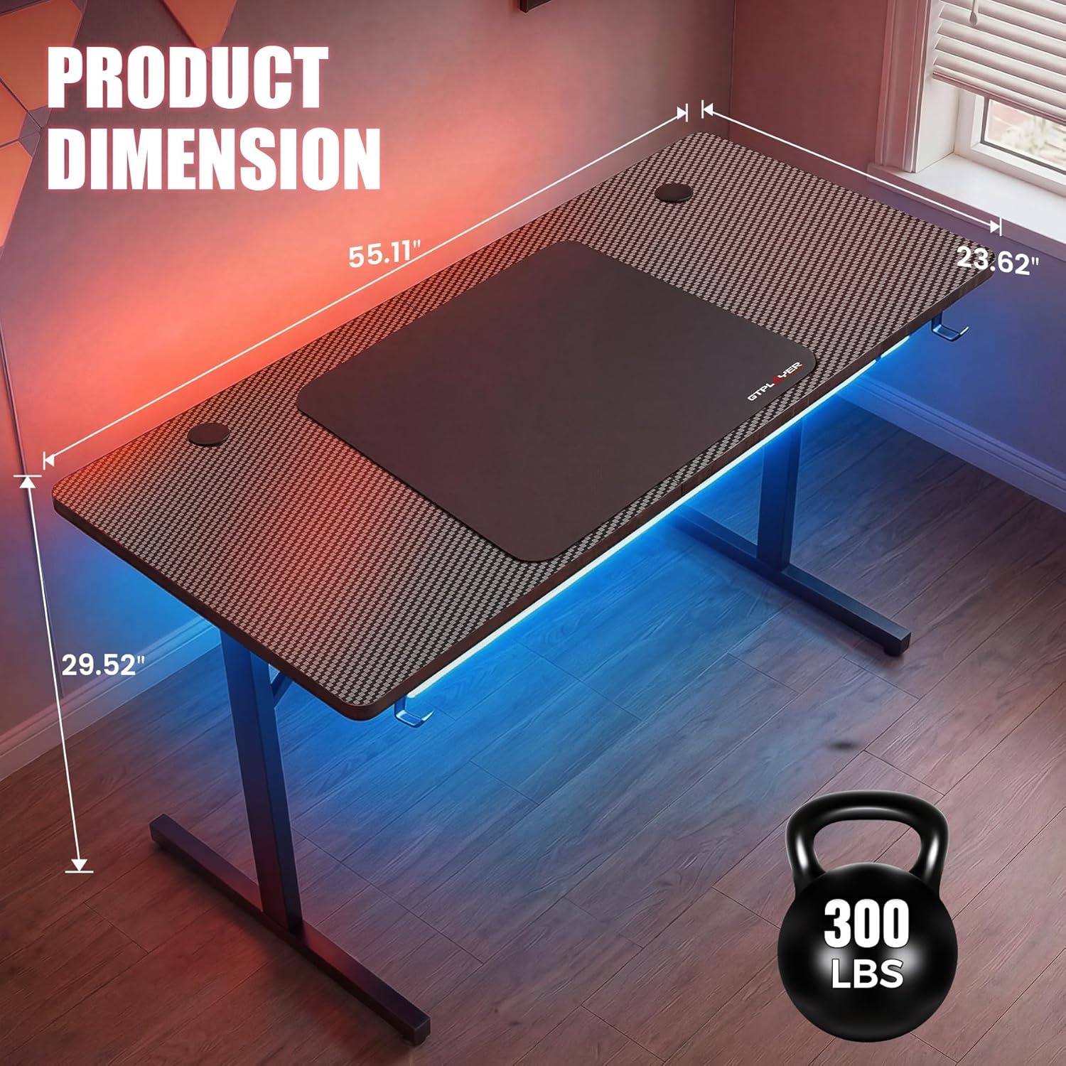 image:imageGTPLAYER 55 Inch Gaming Desk with LED Lights Large Computer Desk with Mouse Pad for Home Office TShaped Carbon Fibre Surface PC Game Workstations with Headphone HookDullblack