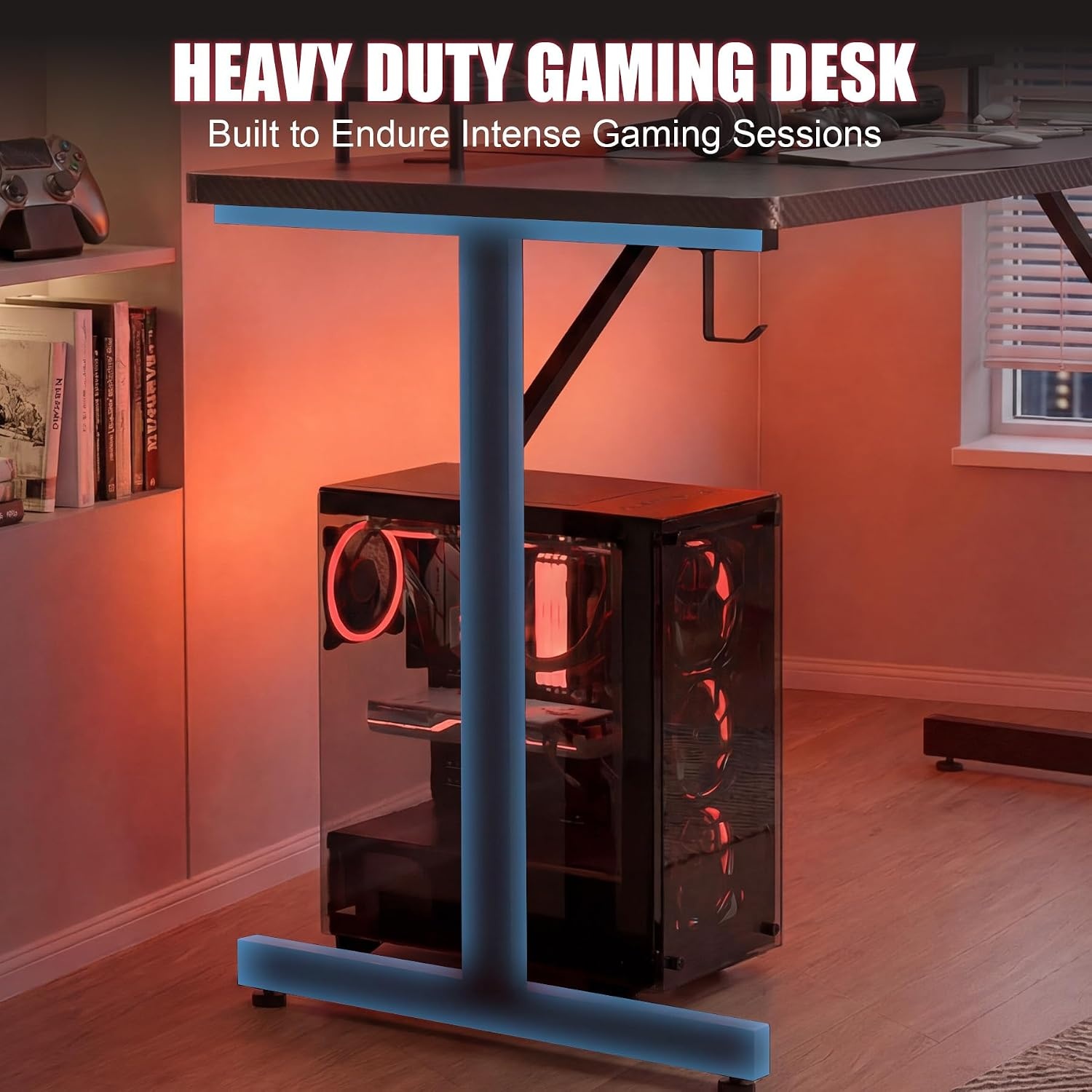 image:imageGTPLAYER 55 Inch Gaming Desk with LED Lights Large Computer Desk with Mouse Pad for Home Office TShaped Carbon Fibre Surface PC Game Workstations with Headphone HookBlack