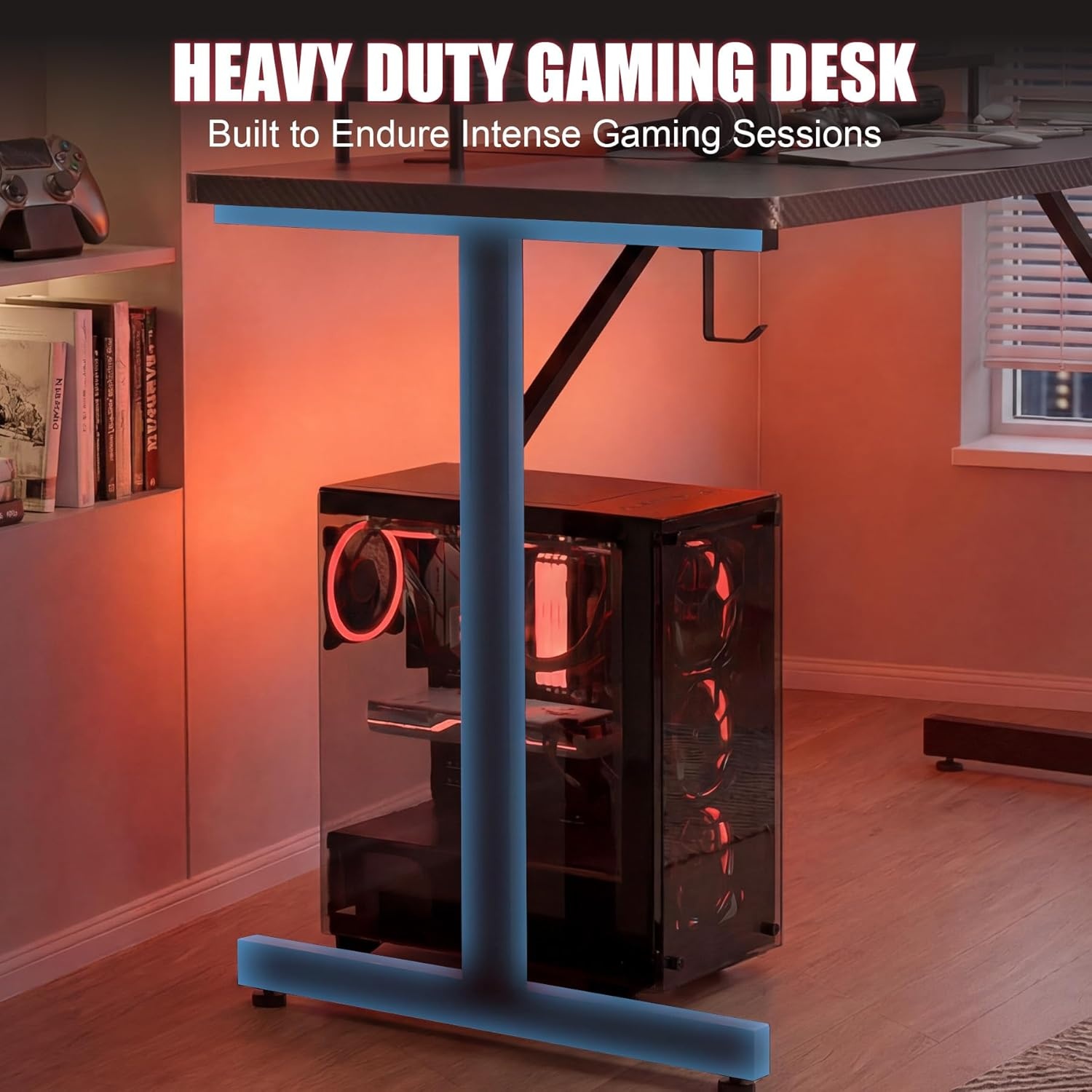 image:imageGTPLAYER 55 Inch Gaming Desk with LED Lights Large Computer Desk with Mouse Pad for Home Office TShaped Carbon Fibre Surface PC Game Workstations with Headphone HookDullblack