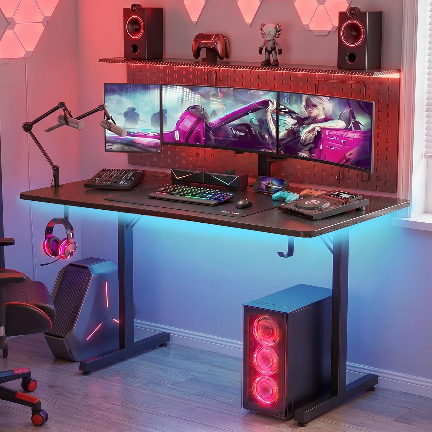 image:imageGTPLAYER 55 Inch Gaming Desk with LED Lights Large Computer Desk with Mouse Pad for Home Office TShaped Carbon Fibre Surface PC Game Workstations with Headphone HookDullblack