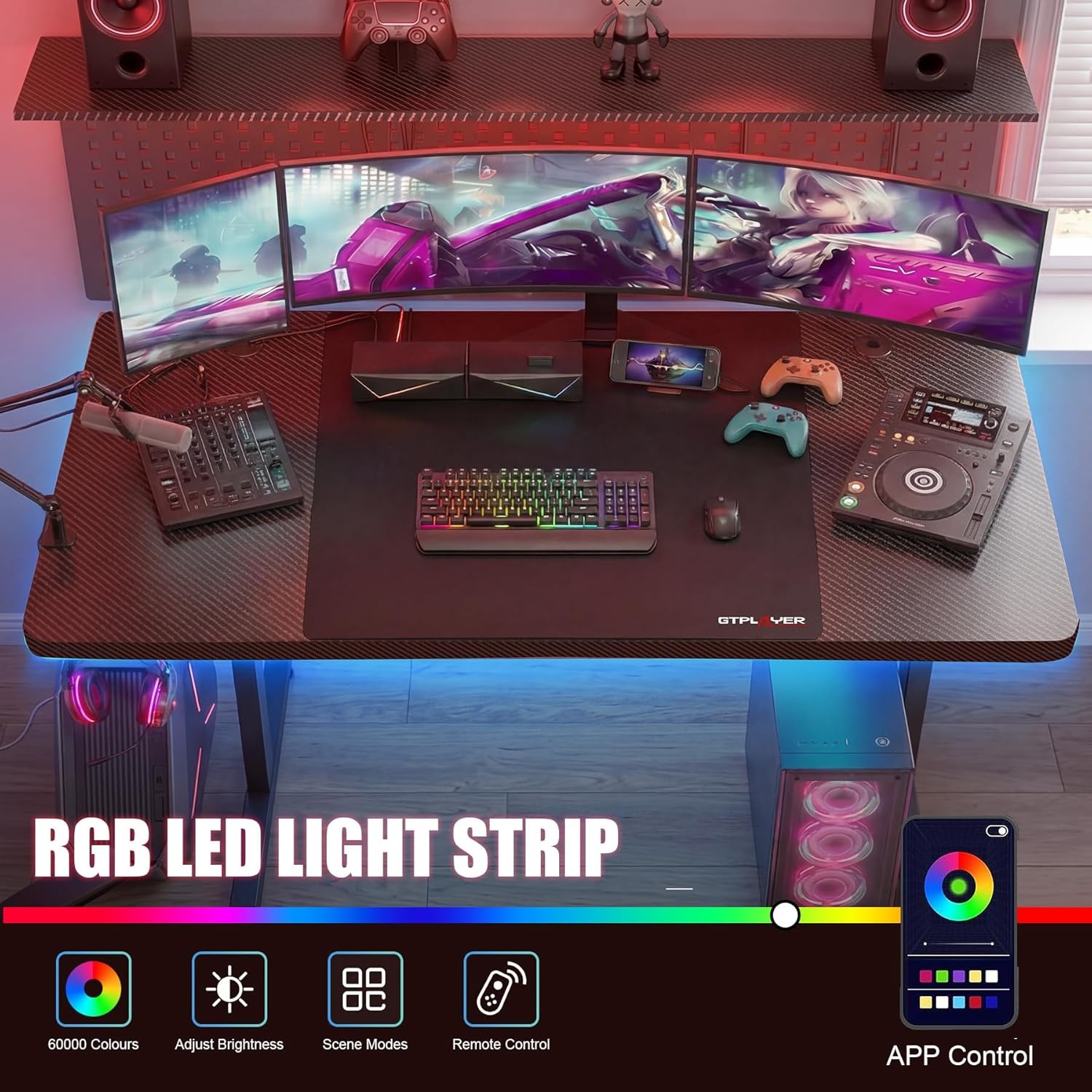 image:imageGTPLAYER 55 Inch Gaming Desk with LED Lights Large Computer Desk with Mouse Pad for Home Office TShaped Carbon Fibre Surface PC Game Workstations with Headphone HookDullblack