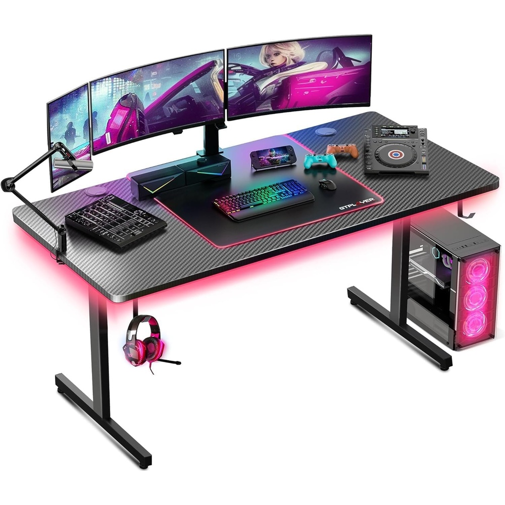 image:imageGTPLAYER 55 Inch Gaming Desk with LED Lights Large Computer Desk with Mouse Pad for Home Office TShaped Carbon Fibre Surface PC Game Workstations with Headphone HookBlack